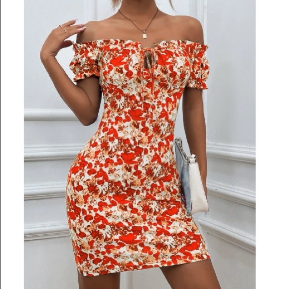 Boho green Floral Print Off Shoulder Bodycon Dress - Picture 5 of 16